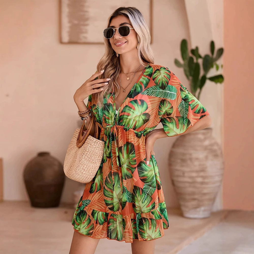 ZARA Chiffon Ruffle Hem Tie Beach Dress Leaf Print Bikini Cover Up Women